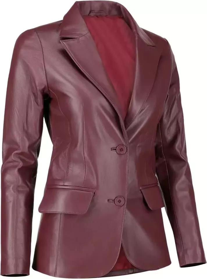 Lær Håndlaget Klassisk Stilig Dameblazer Burgunder Dobbelknapp Ekte Lammeskinn