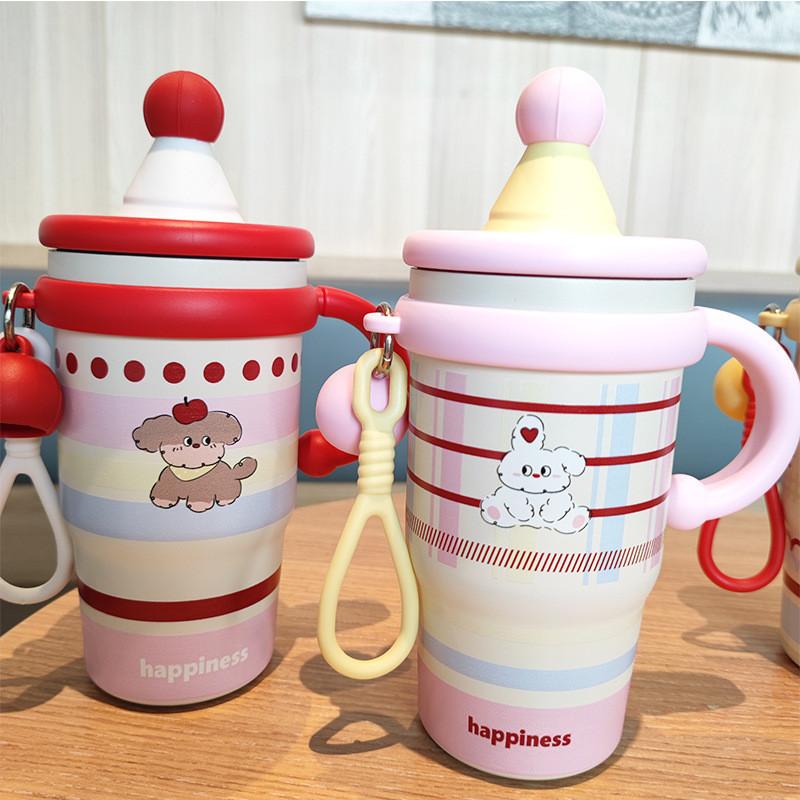 Pink Girl Heart Insulated Travel Mug With Handle And Straw For Daily Hydration