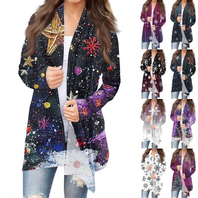 Women's Fashion Casual Christmas  Print Medium Length Cardigan Jacket Coat