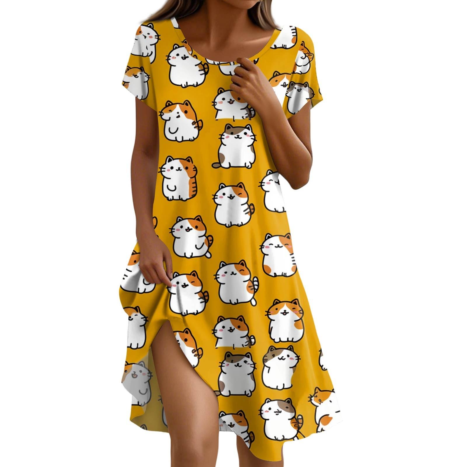 

Платье с коротким рукавом для женщин, повседневное, свободного кроя, летний сарафан, платье с принтом и карманами XXL жёлтый