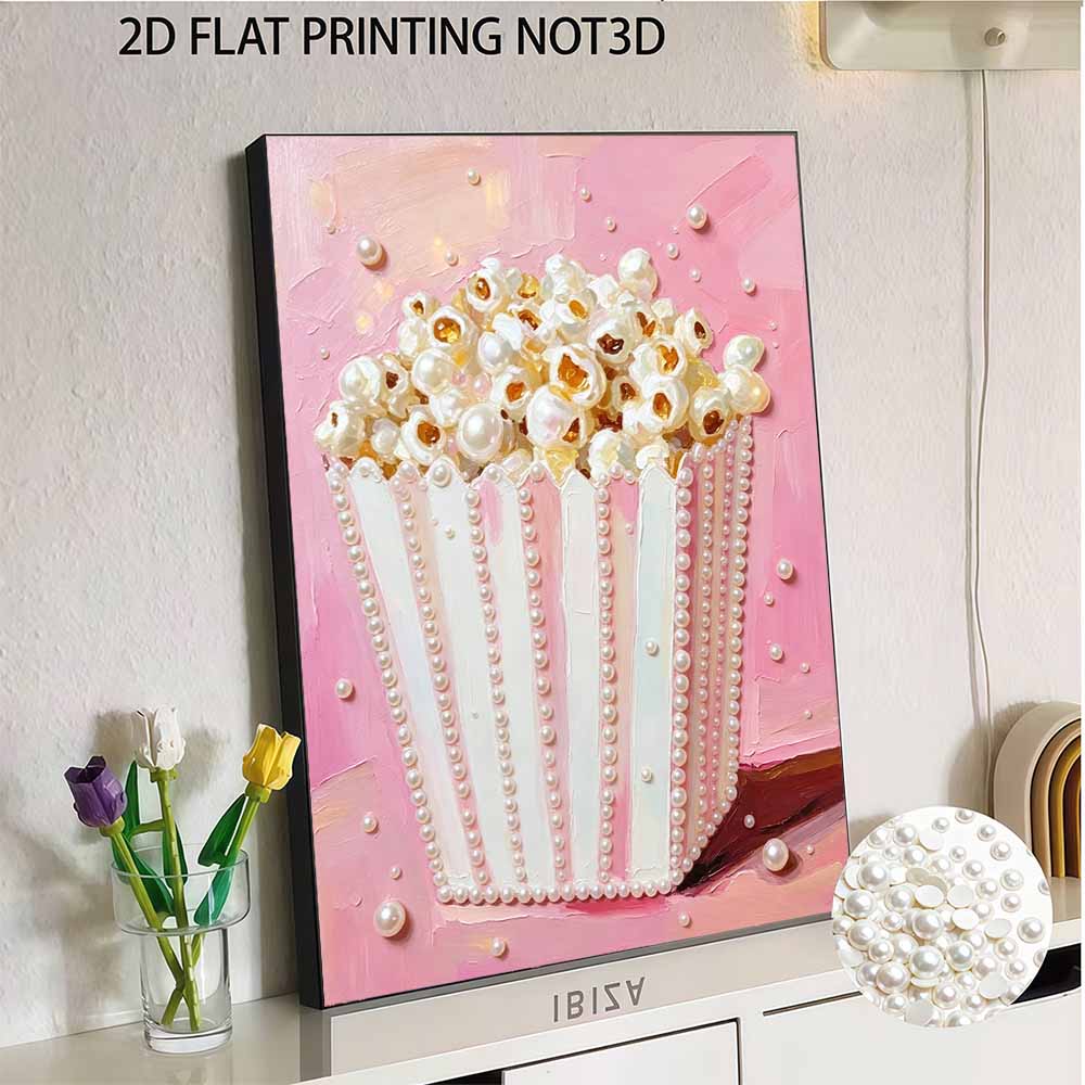 Pink Popcorn Bucket Pearl Art Painting with Frame Shiny Bead Canvas Creative Leisure Craft for Modern Wall Decor Gift Home Decoration