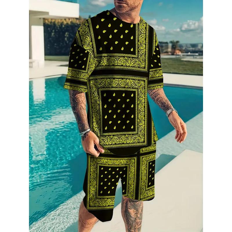 

3D Bandana Printed T Shirt+Shorts 2PCS Outfits Summer Street Men s Casual Sport Suit Fashion Oversized Short Sleeve T-shirt Sets 6XL