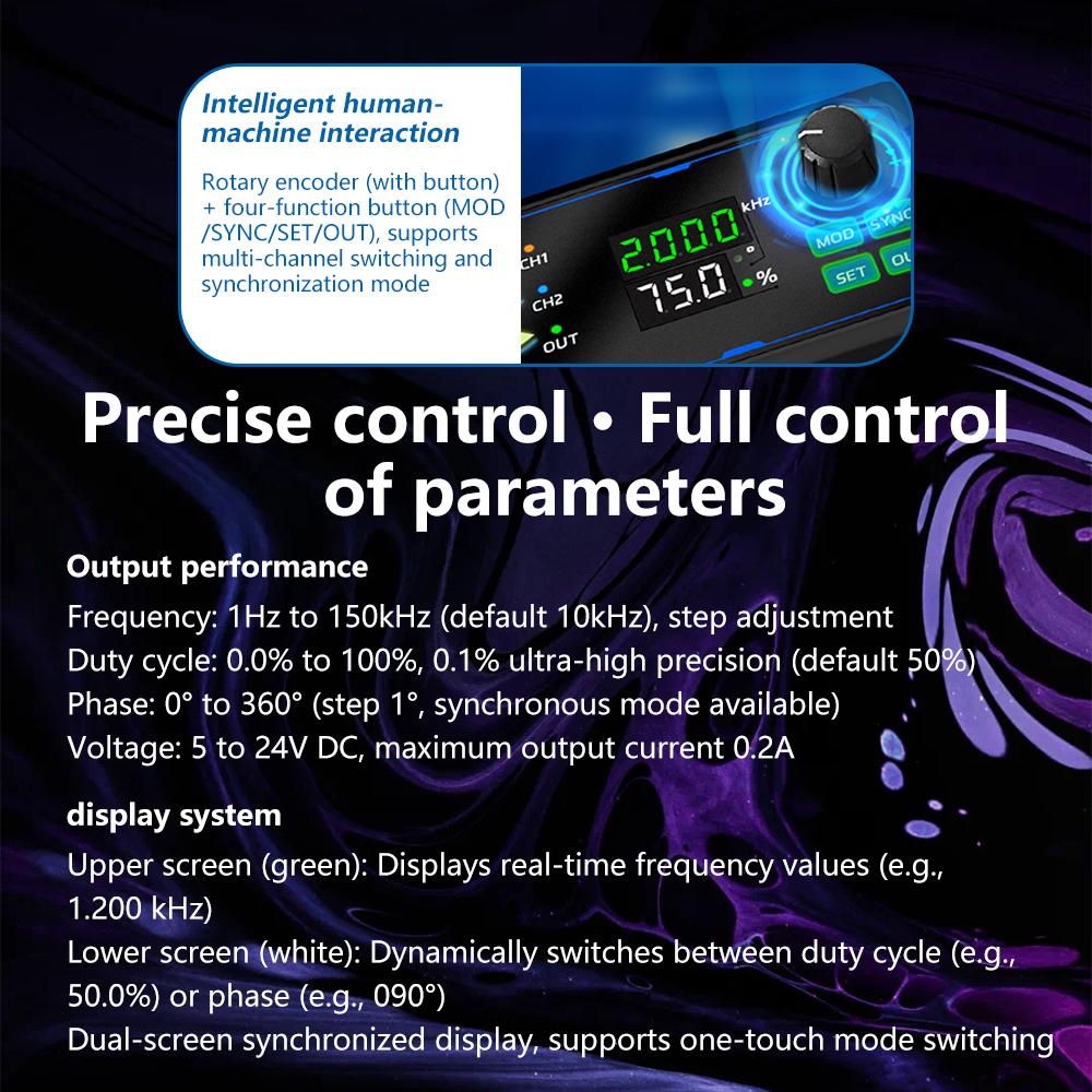 Dual-Channel PWM 150 Signal Generator for Servo Motor Drive, Square Wave Pulse with Adjustable Frequency, Duty Cycle, and Phase