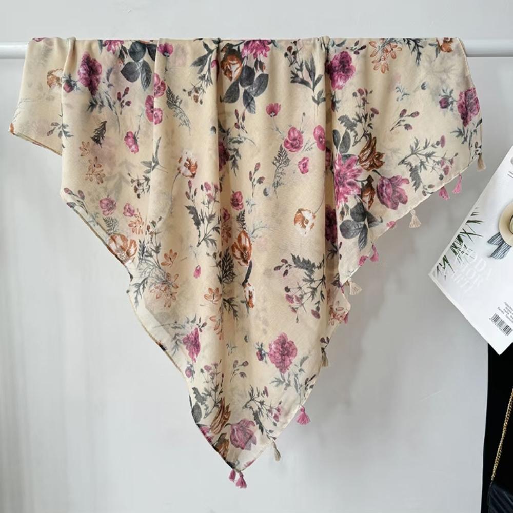 Spring and Autumn Long Shawl Artistic Flower Print Hanging Tassel Fashionable Scarf Women's Travel Sunscreen Decoration Exterior