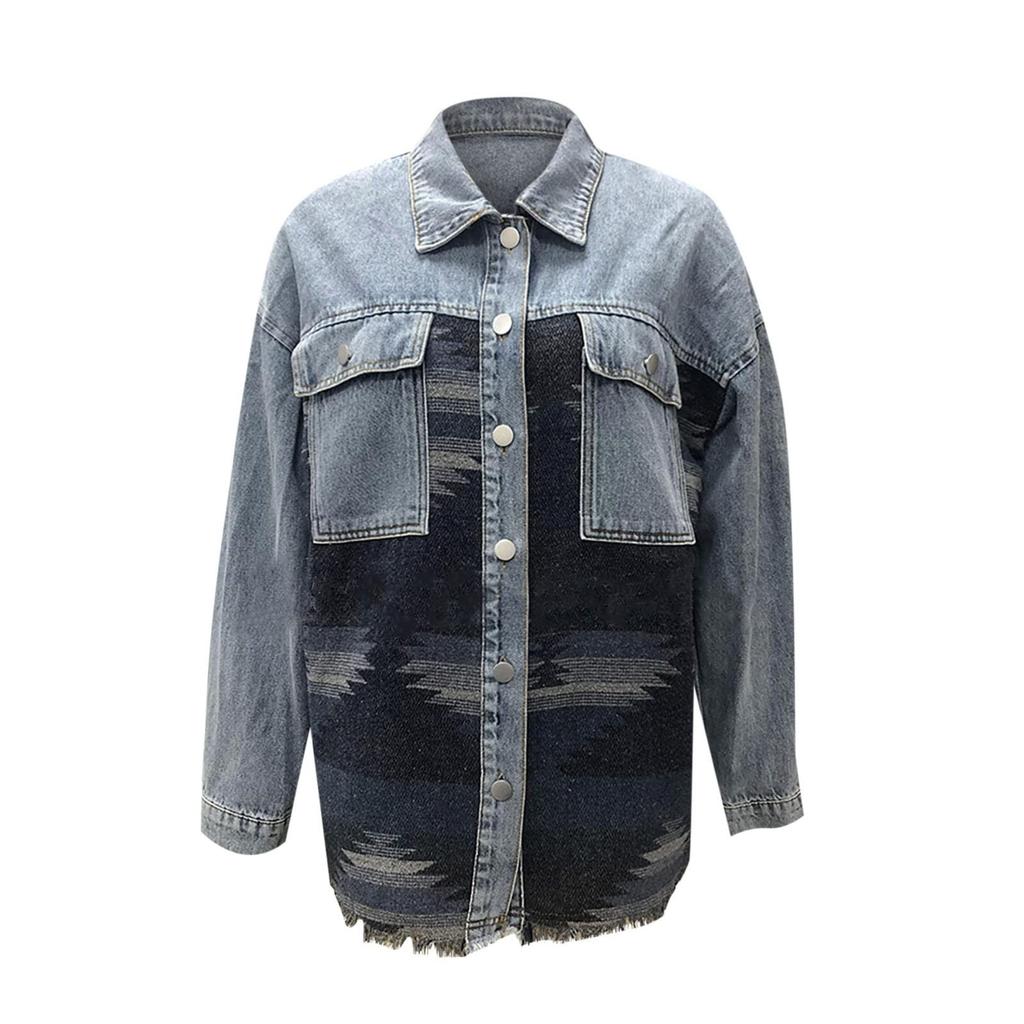 Women Loose Casual Denim Jacket Female Jacket Long Sleeve Black Trim Coat With Pockets