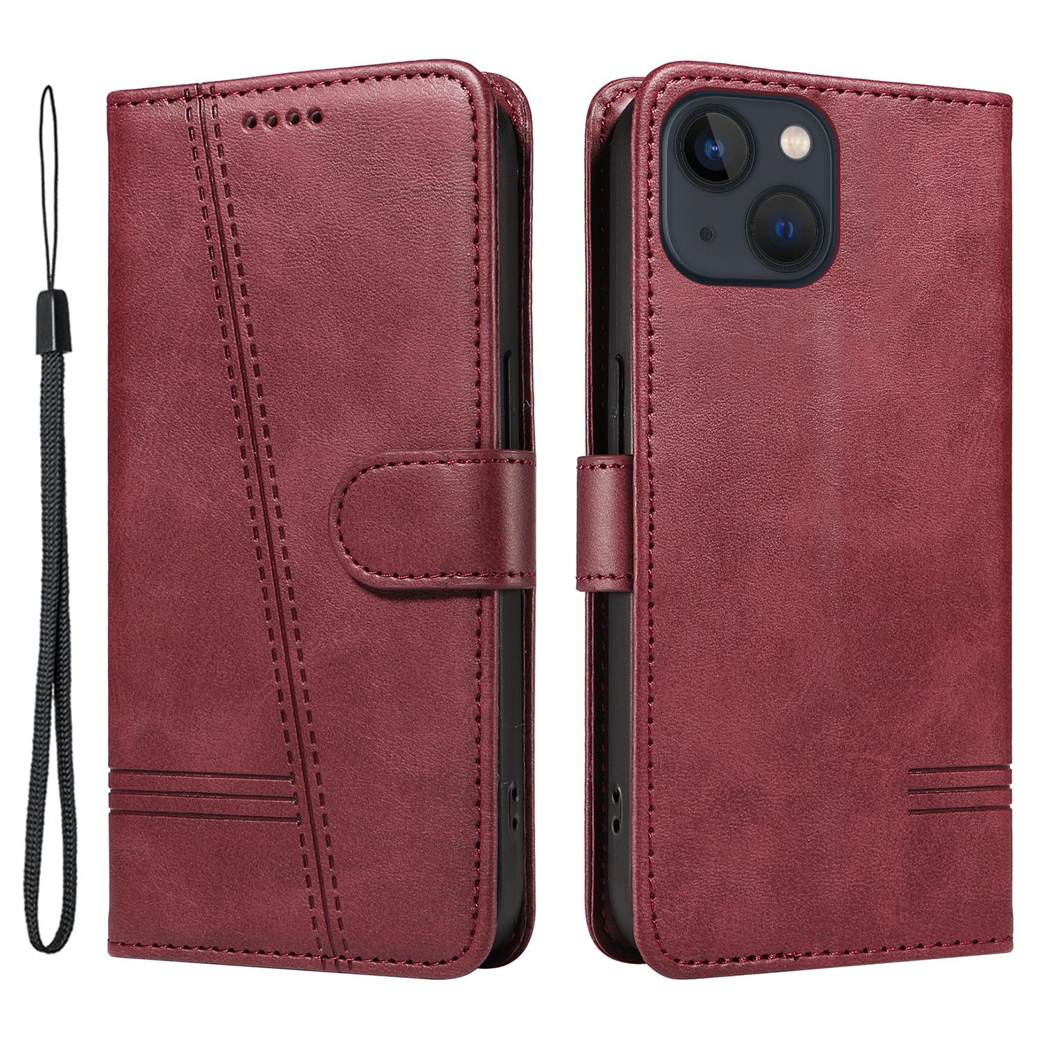 

For iPhone 13 Case PU Leather Wallet Card Slots Protective Phone Cover Wine Red