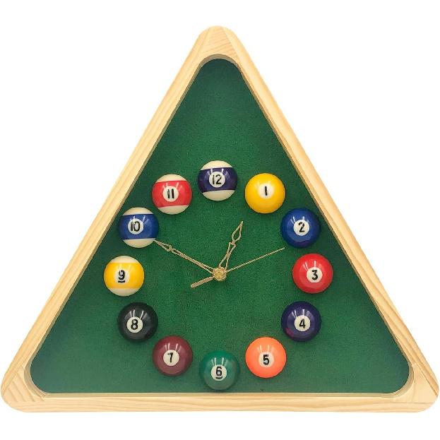 Yuanhe Billiards Pool Ball Clock - 14Inch Triangle Pool Table Cool Wall Clock with Solid Wood Frame,Great for Billiards Room,Pool Room,Game Room,Bar