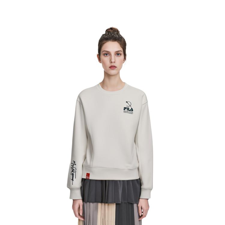 FILA Solid Color Crew Neck Pullover Long Sleeve Sweatshirt Women sweatshirt Cloud-Mushroom-White F11W319208F-WT