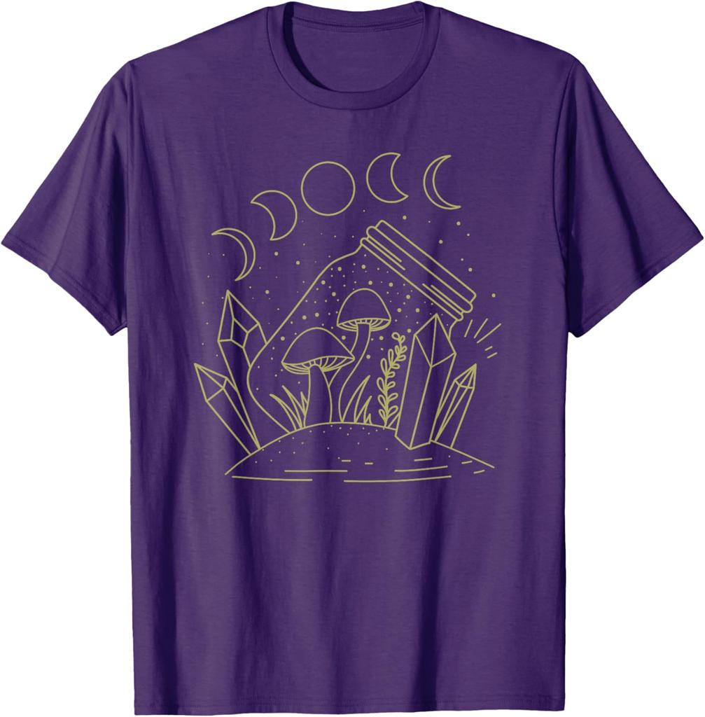 Mushroom Moon Jar Witchcraft Celestial Graphic Tee Cottagecore Casual Cotton T-Shirt