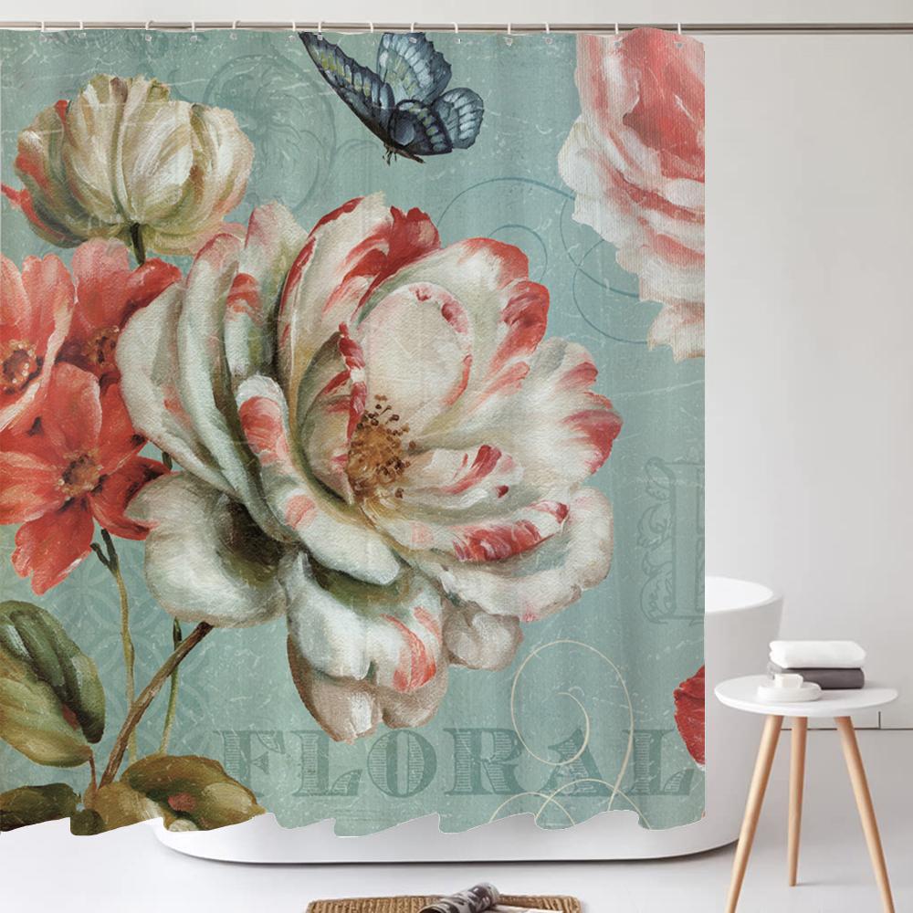 Bathroom Retro Flower-and-bird style Shower Curtain European style Art Polyester Fabric Shower Curtain 180 * 180CM with Hooks