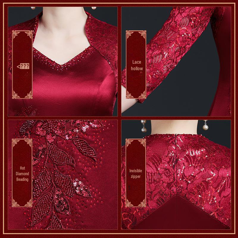 Summer Red Long Cheongsam Dress for Young Mother-in-Law at Wedding Banquet