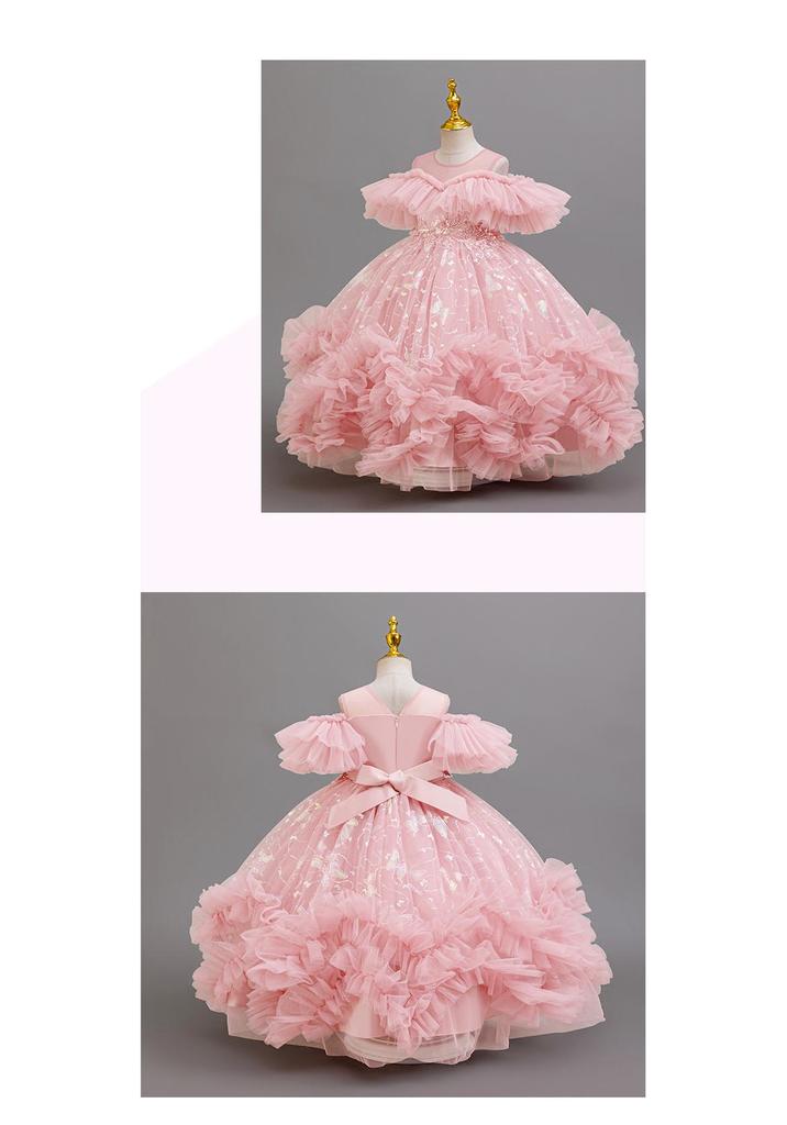 Girls' One-Shoulder Princess Dress with Mesh Puff Skirt – Formal Flower Girl Birthday Dance Costume