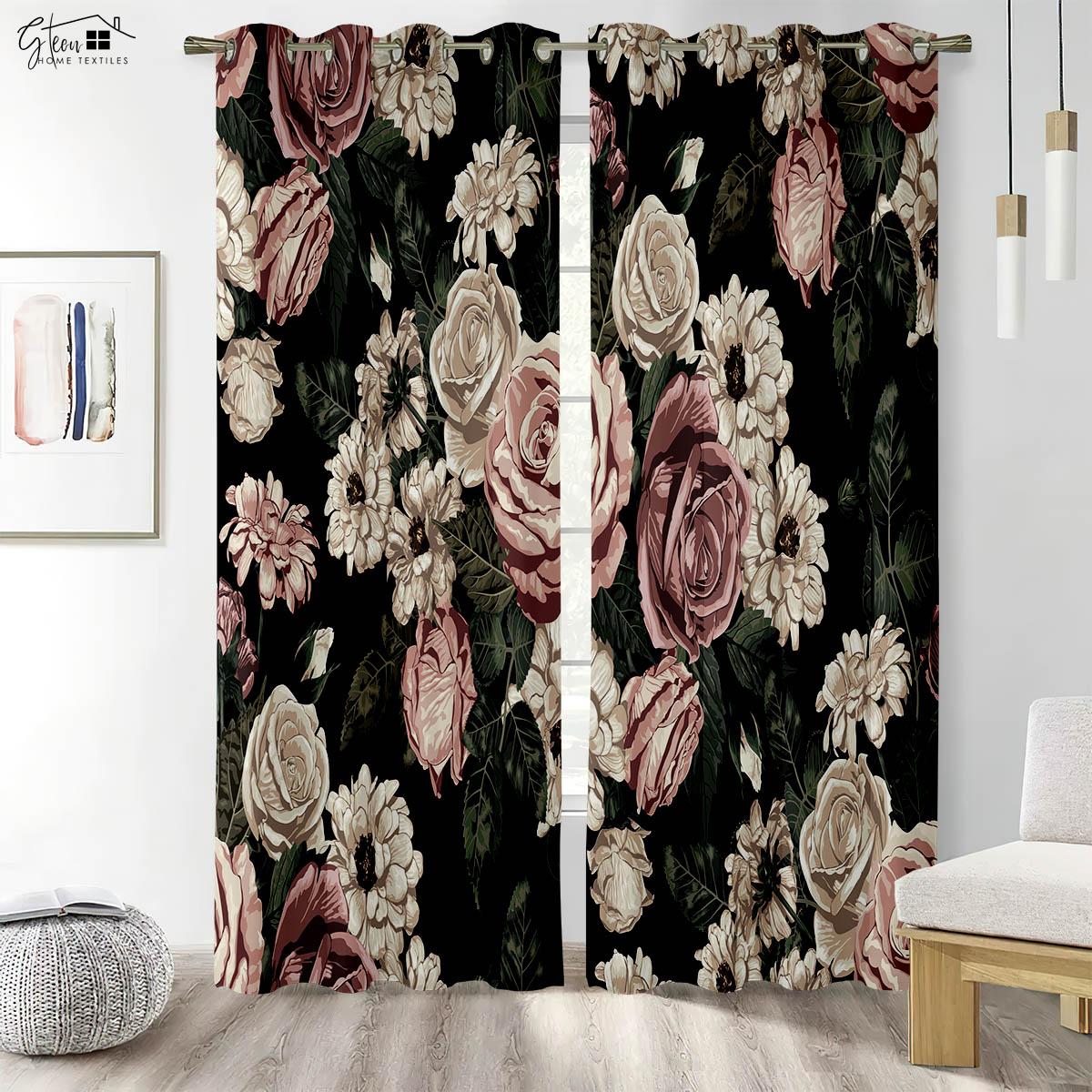 Blume 3D-gedruckte Vorhänge Chinesischer Stil Tinte Rose Rose Wohnzimmer Schlafzimmer Arbeitszimmer Tragen Stangentasche Polyesterfaser Vorhänge W50xH130(CM)x2PCS&Rod pocket gray
