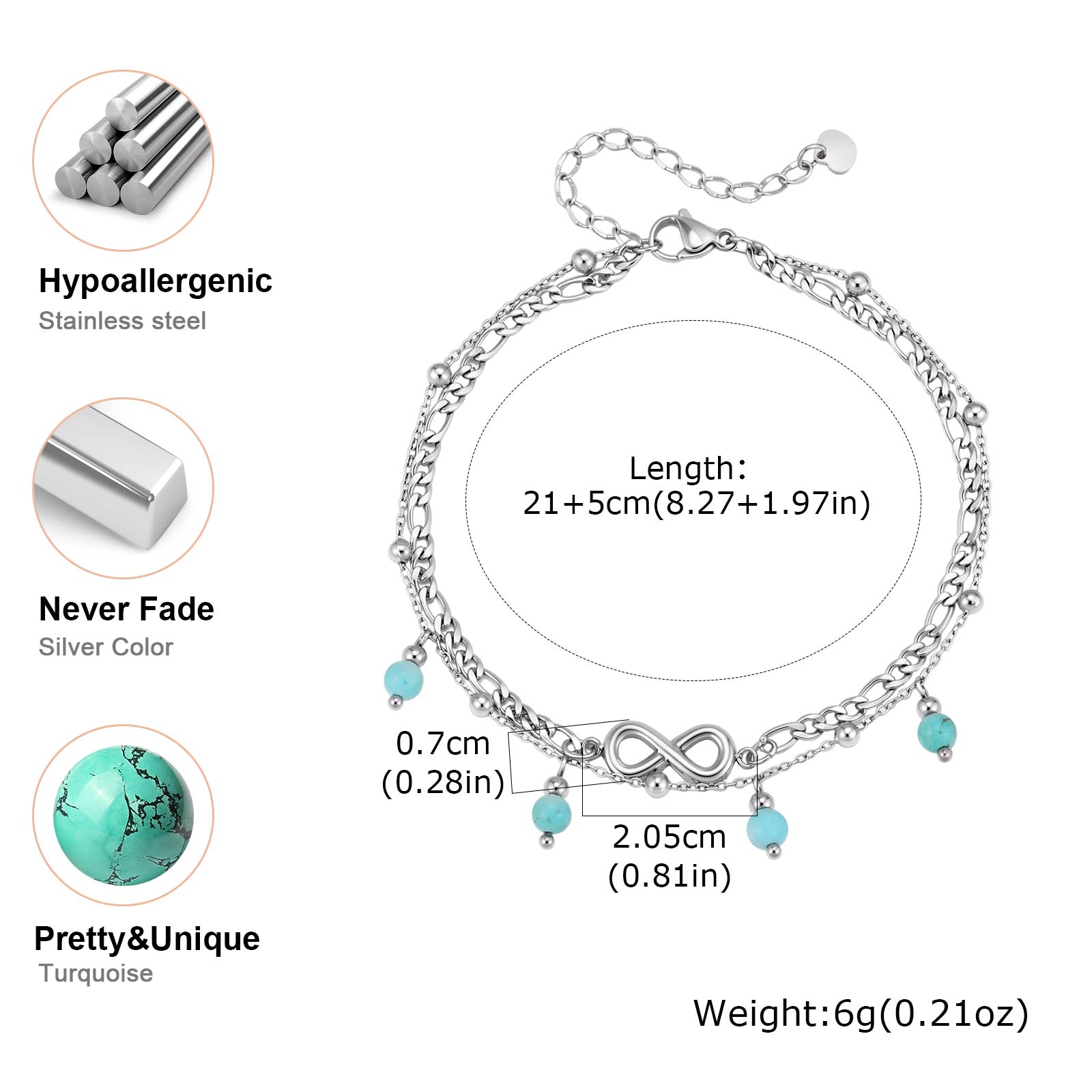 Boho Gold Plated Anklet for Women Double Layer Infinity Turquoise Beaded Foot Bracelet, Waterproof Stainless Steel Beach Jewelry
