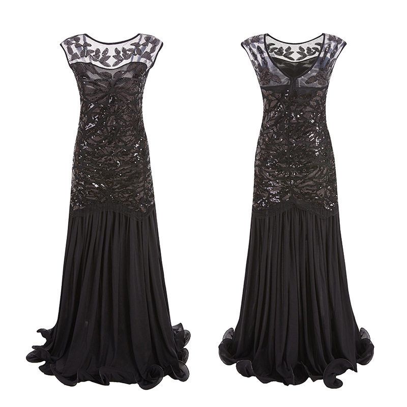 

1920S Vintage Evening Gown with Sequins, Beading, Mesh, and Ruffled Hem, Floor-Length Dress Black S