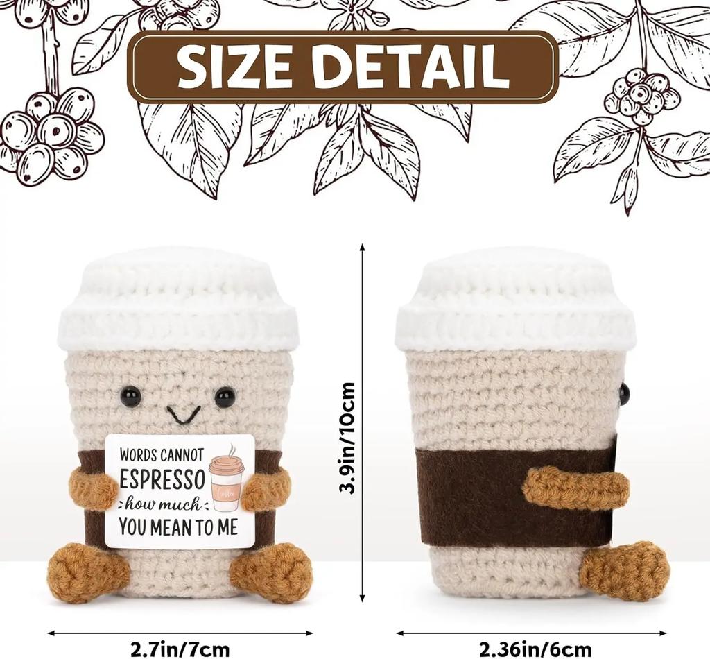 Lustige Häkel-Kaffee-Puppe zur emotionalen Unterstützung mit Karte Desktop-Ornament Handgefertigt Gestrickte Kaffee-Puppen Weihnachtsgeschenke Heimdeko