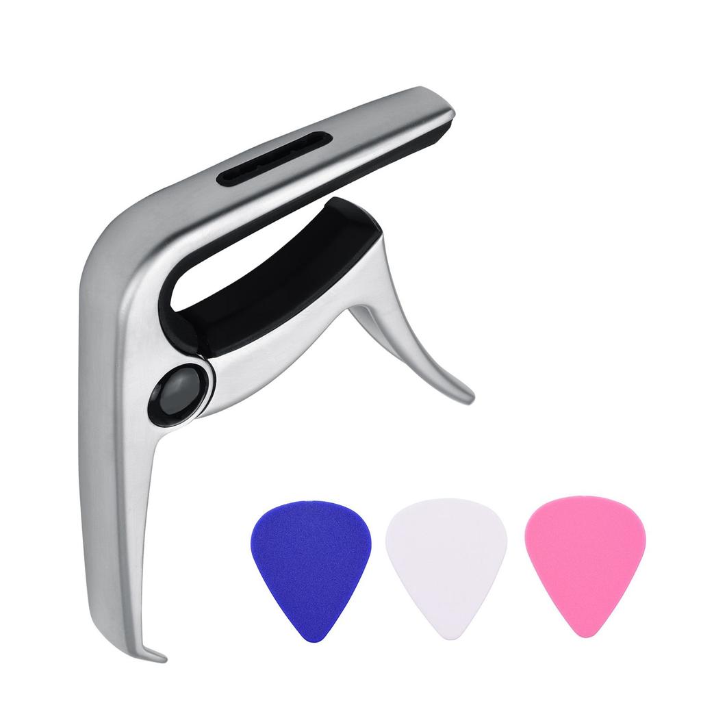 TC 02 Multifunktionales Gitarren-Capo Zinklegierung mit Stegpin-Zieher Gitarrenplektrum-Schlitz 3 Stück Gitarrenplektren für Akustik