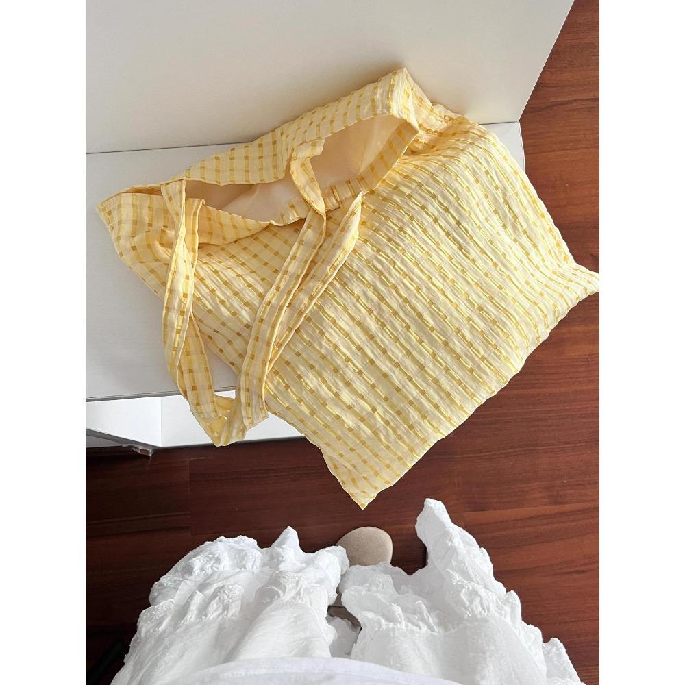 Желтая клетчатая холщовая сумка женская летняя корейский ленивый стиль для поездок на работу большая вместимость сумка через плечо универсальная портативная сумка-тоут