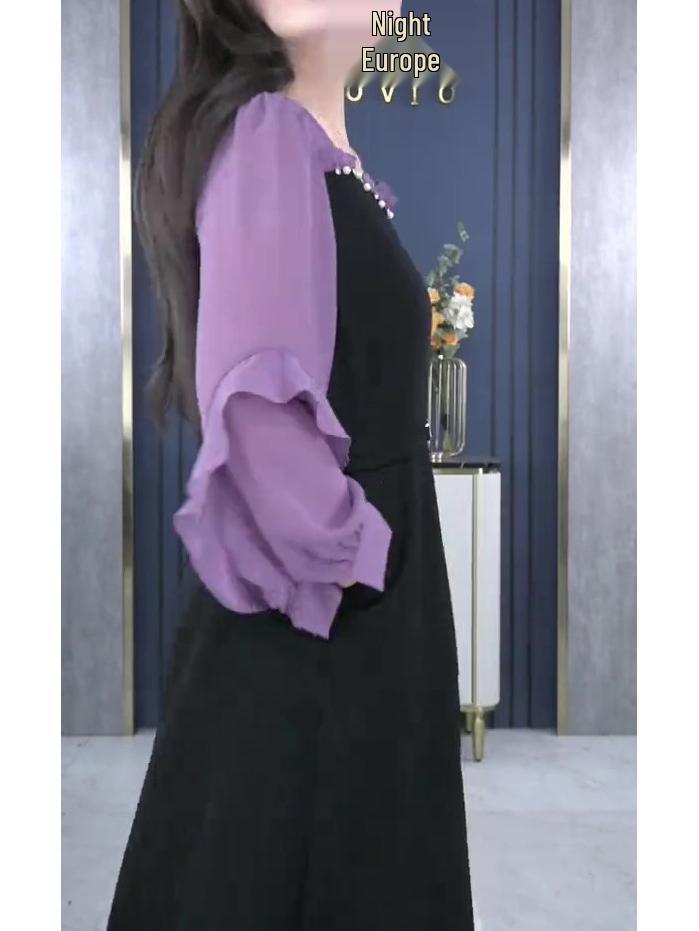 Elegant French Chiffon Plus Size Slimming Long Sleeve Dress for 30-Year-Old Moms - Spring/Summer Collection