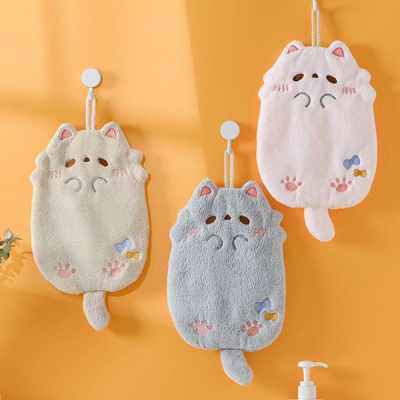 Cute Cartoon Tanuki Wall-mounted Coral Fleece Hand Towel - Thick, Non-Shedding, Absorbent for Kitchen or Bathroom