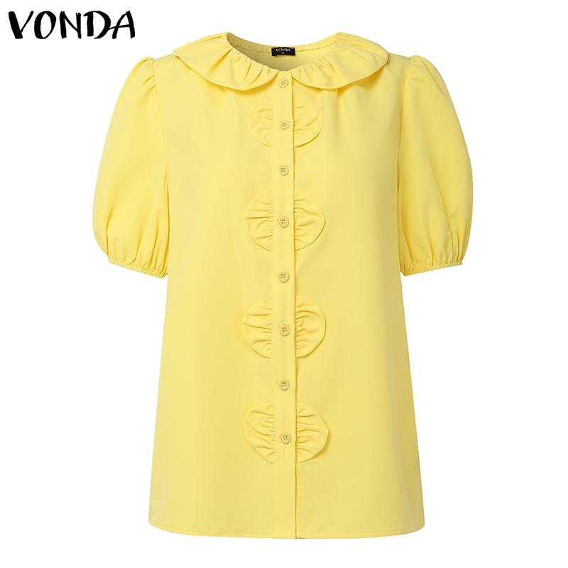 

VONDA Women Short Puff Sleeve Side Buttons Up Ruffled Solid Casual Blouse S