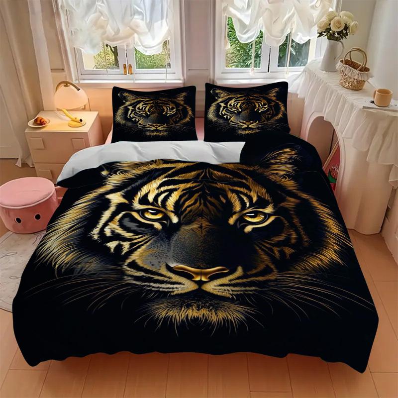 3pcs Golden Tiger Bedding Set - Includes One Quilt Cover and Two Pillowcases (No Core) - Home Decor, Festival Gift, Polyester Fabric, Anime