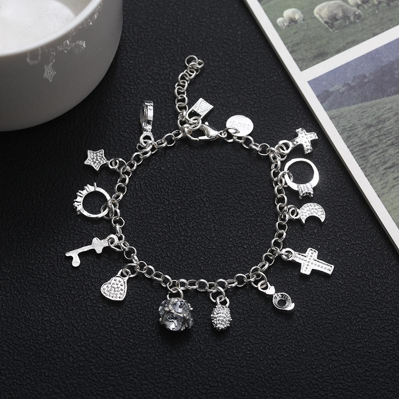 European & American Fashion 925 Sterling Silver-Plated Thirteen Charm Beaded Women's Bracelet