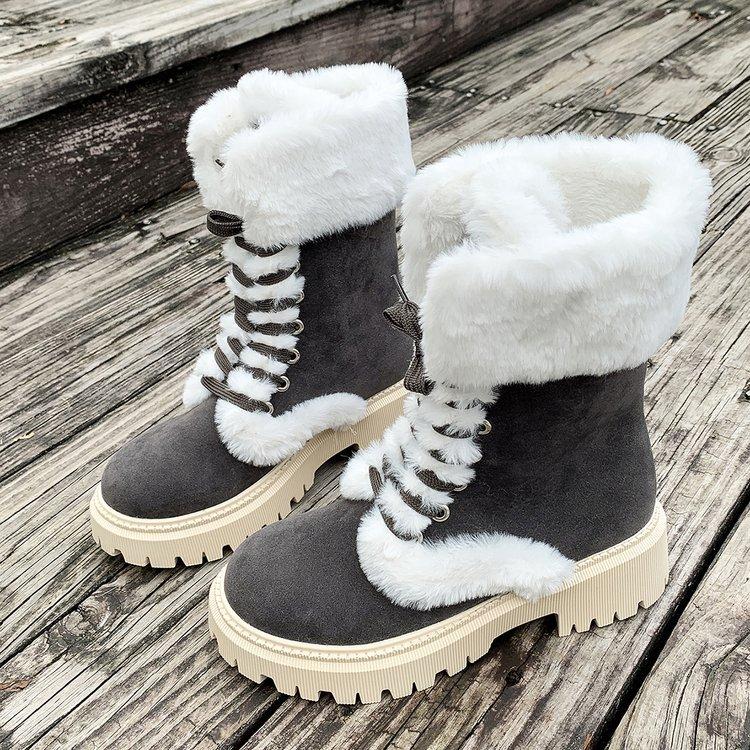 Europäische und amerikanische Winter neue dicksohlige Samt verdickte Schneestiefel für Damen, große Größe warmes Handtuch, mittelhohe Stiefel, Baumwollschuhe für Damen