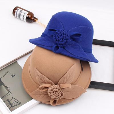 Chapeau d'hiver en laine pour femmes, chapeau haut-de-forme décontracté à large bord, chapeau cloche à fleurs tendance