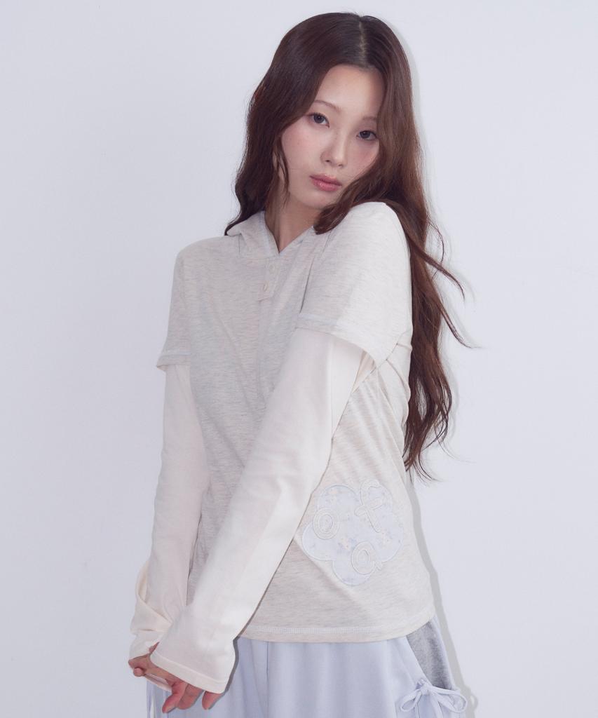 OAFISH Flower Layered Hoodie, Oatmeal