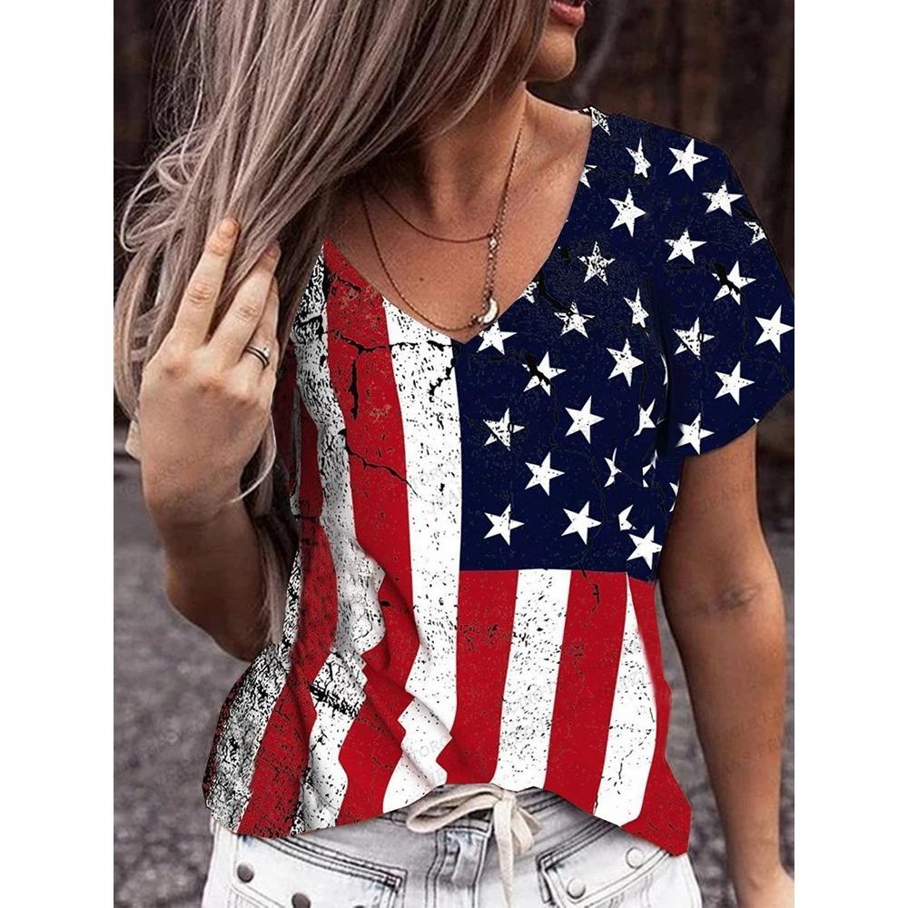 American Flag 3d Print T-shirt Women Fashion V-Neck T-shirts Short Sleeve Tops Tees Loose Casual Tees