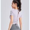 New Style Drawstring Beautiful Back Pleated Yoga Wear Short Sleeved Female All-in-one Cup Fitness Sports Top with Chest Pad for Women