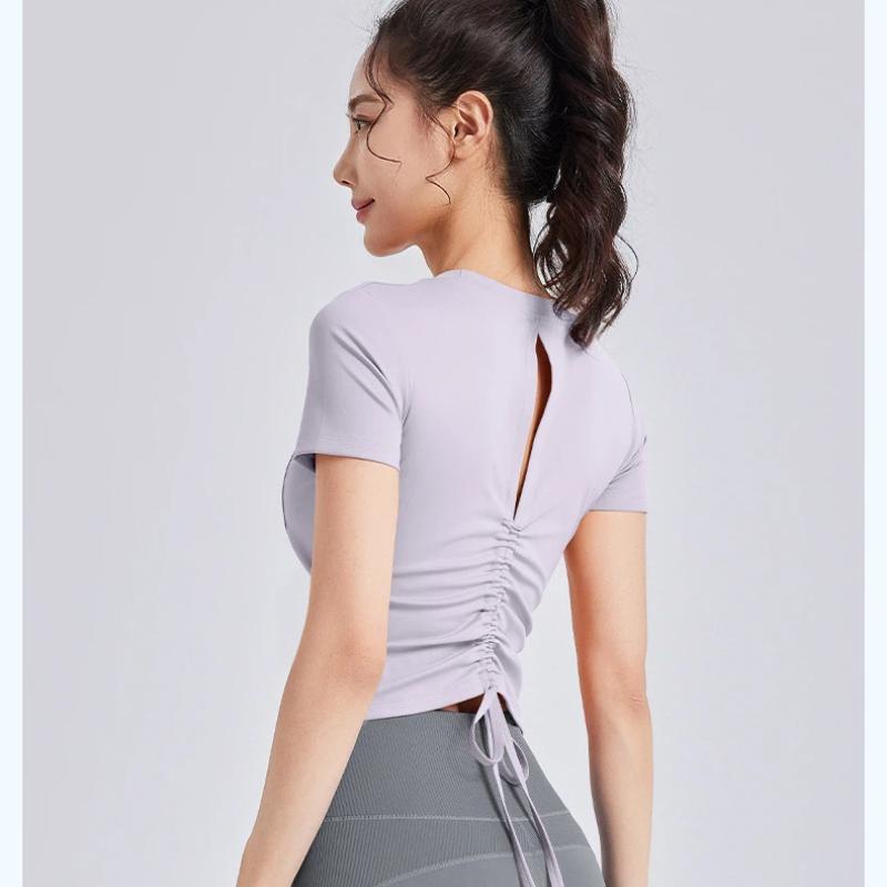 New Style Drawstring Beautiful Back Pleated Yoga Wear Short Sleeved Female All-in-one Cup Fitness Sports Top with Chest Pad for Women