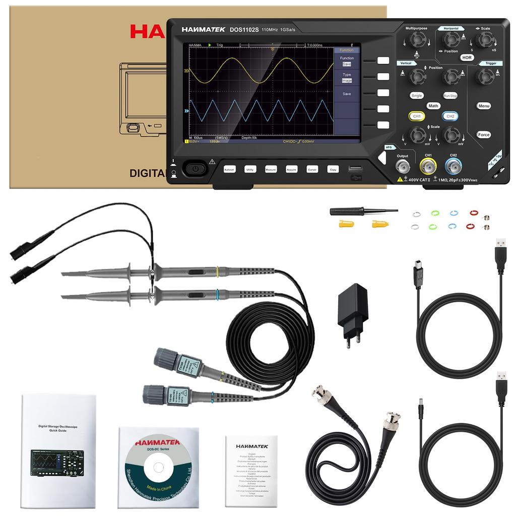 HANMATEK DOS1102S Digital Storage Oscilloscope with Waveform 110MHz 2 x Sampling Dual Channels 2-in-1 Built-in Generator, Bandwidth, 500MSa/s Rate,