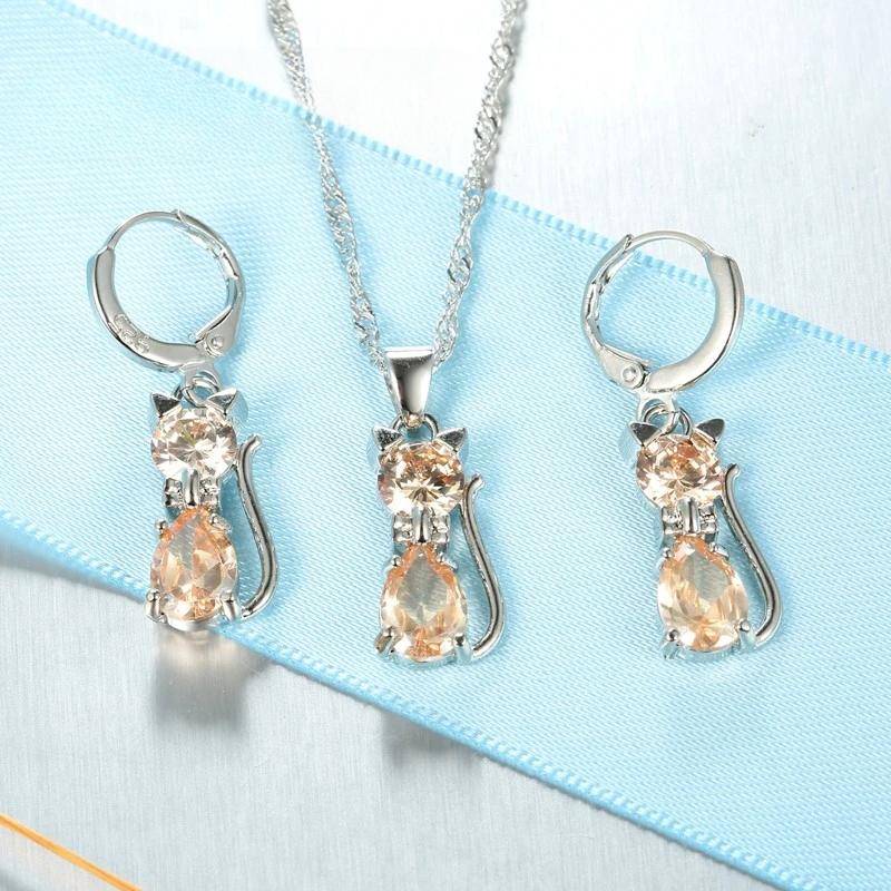 925 Sterling Silver Color Jewelry Sets for Woman Girls Shining Austrian Crystal Cute Cat Pendant Necklace Huggie Earring