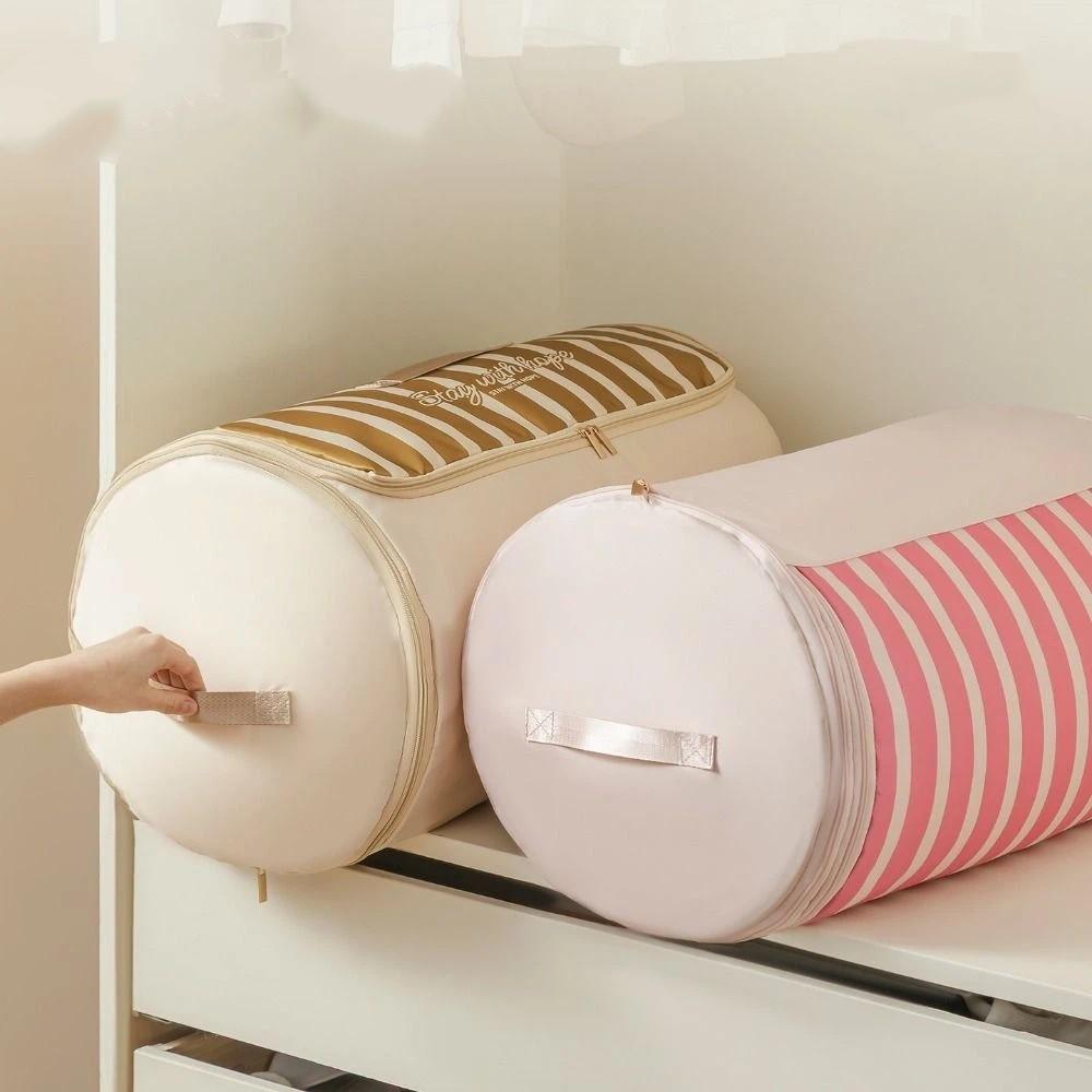 Large Capacity Cylinder Quilt Storage Bag Striped Pattern Luggage Moving Bag Bedroom