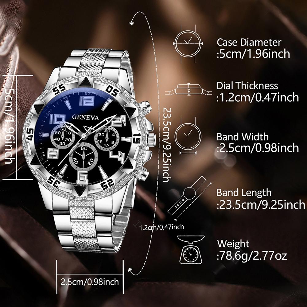 3PC Silver Business Men's Watch Set Luxury Fashion Black Digital Scale Dial Quartz Watch Bracelet Necklace Set Perfect Gift