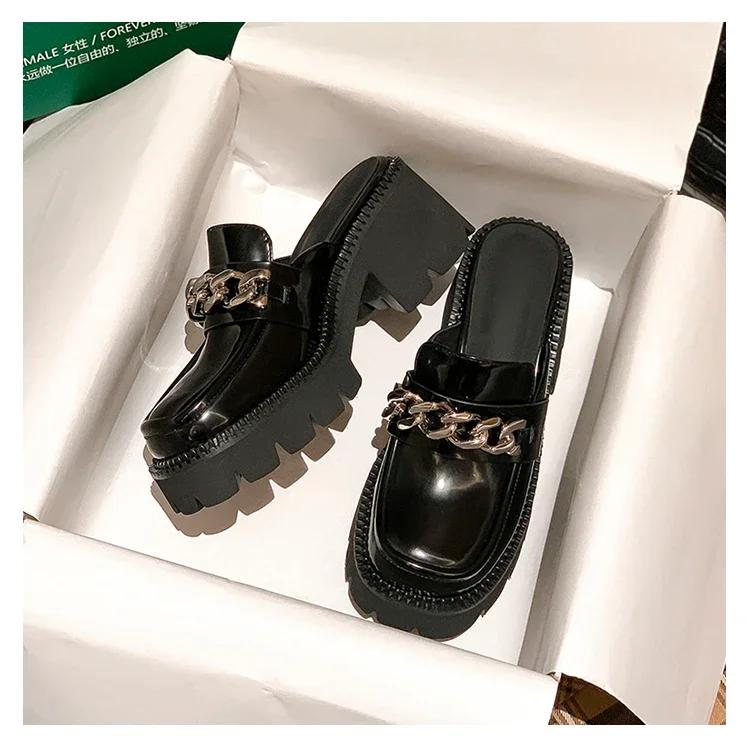 Fashion Women's Elevated Platform House Slippers Female Slides Shoes Square heel Mules Fashion Loafers Med Cover Toe Heels Luxury Fabric
