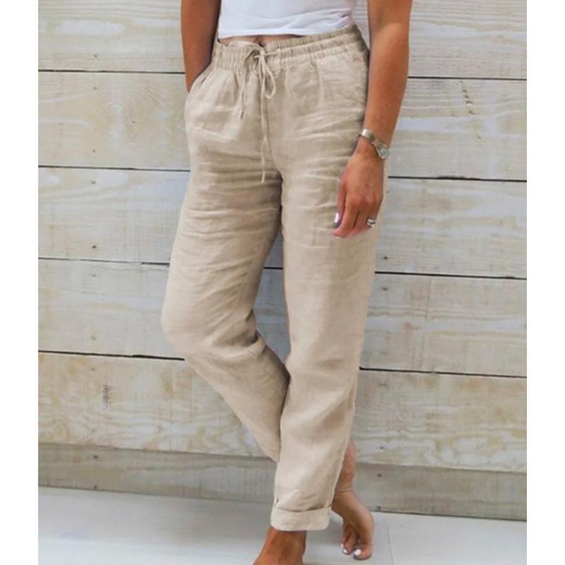 Mid Waist Elastic Waist Solid Color Cotton and Linen Casual Pants  Women’s Trousers