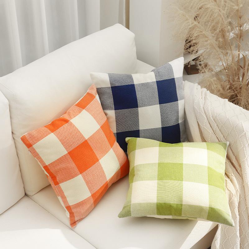 New Plaid Sofa Pillow Case Simple Home Classic Contrasting Color Pillow Ins Style Linen Bedside Pillow