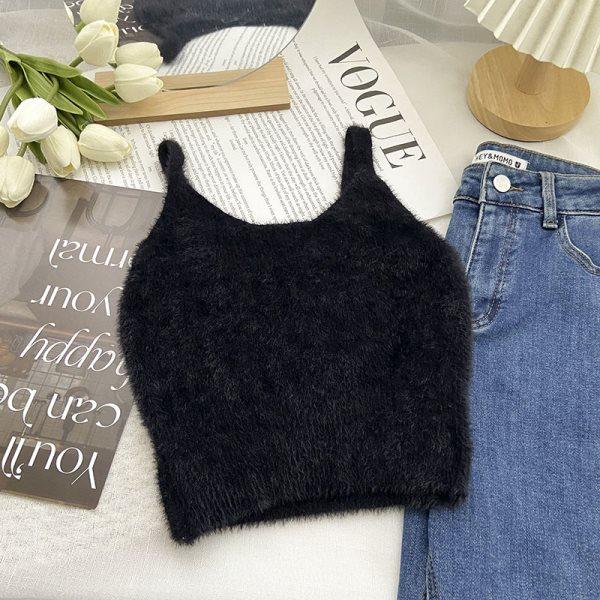 Women's Knitted Plush Elegant Slim Camisole Solid Color  Temperament Sleeveless U-Neck Versatile Cropped Top