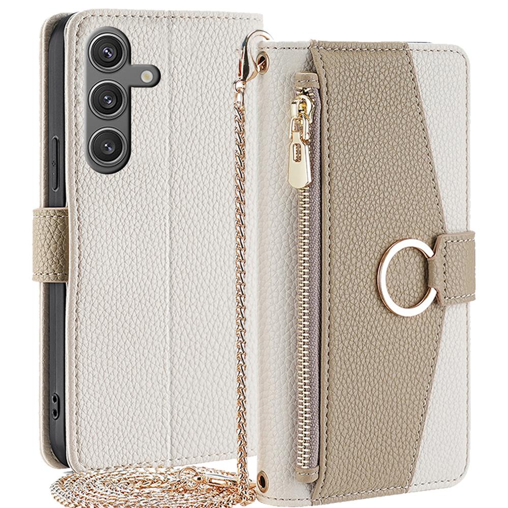 Pro Samsung Galaxy S24 Makeup Mirror Zip Kryt na kapesní telefon Pouzdro proti poškrábání s popruhem přes rameno