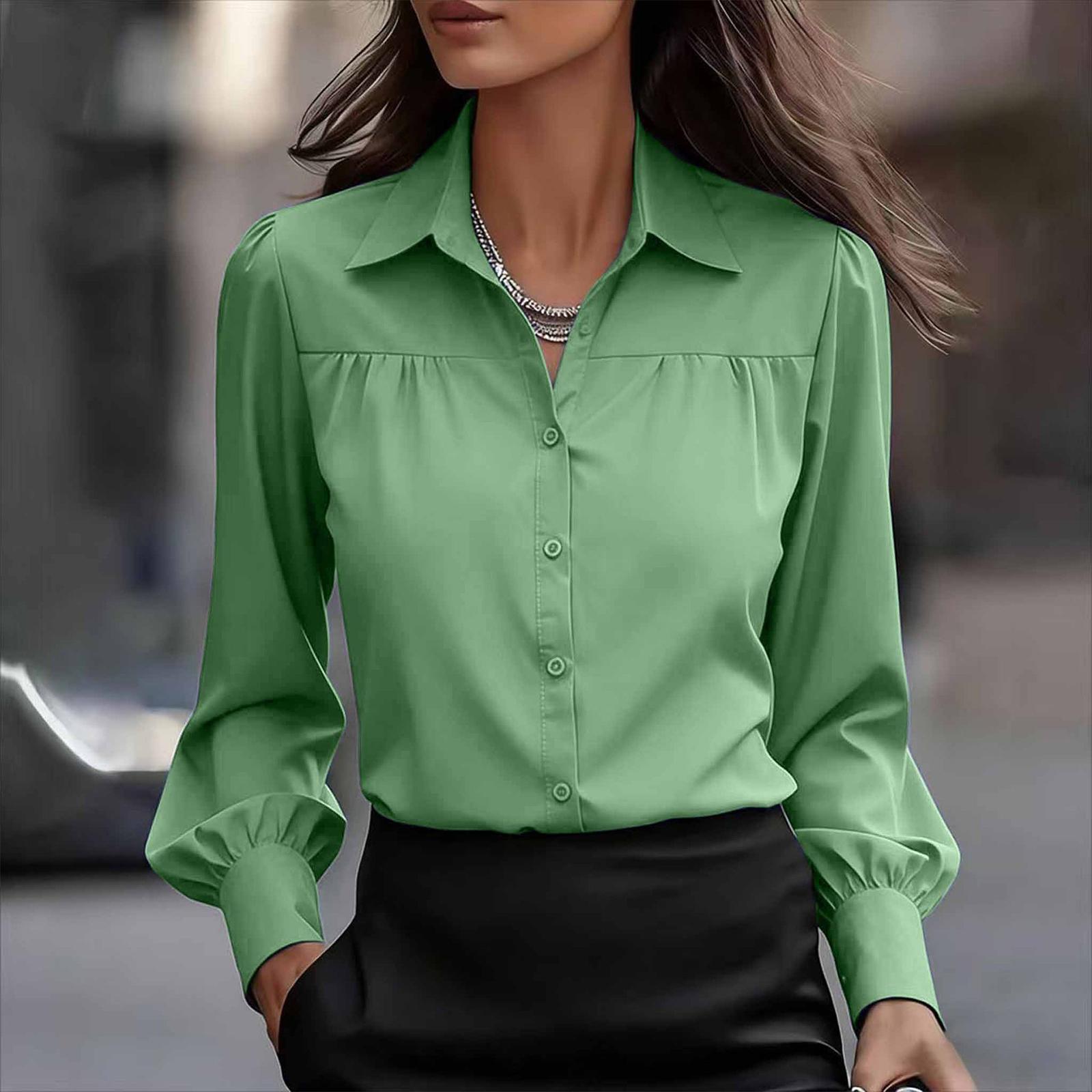 

Women s Fashionable Color Lapel Casual Button Long Sleeved Shirt Top L зелений