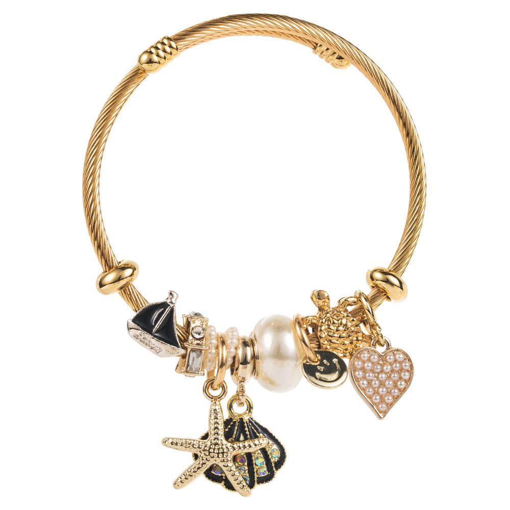Inlaid Diamond Starfish Shell Pendant Adjustable Bracelet Beach Vacation Style Women's Jewelry