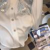 Patchwork Sequins White Women Shirt Autumn Long Sleeve Loose Blouse Casual Turn Down Collar Elegant French Style Shirt