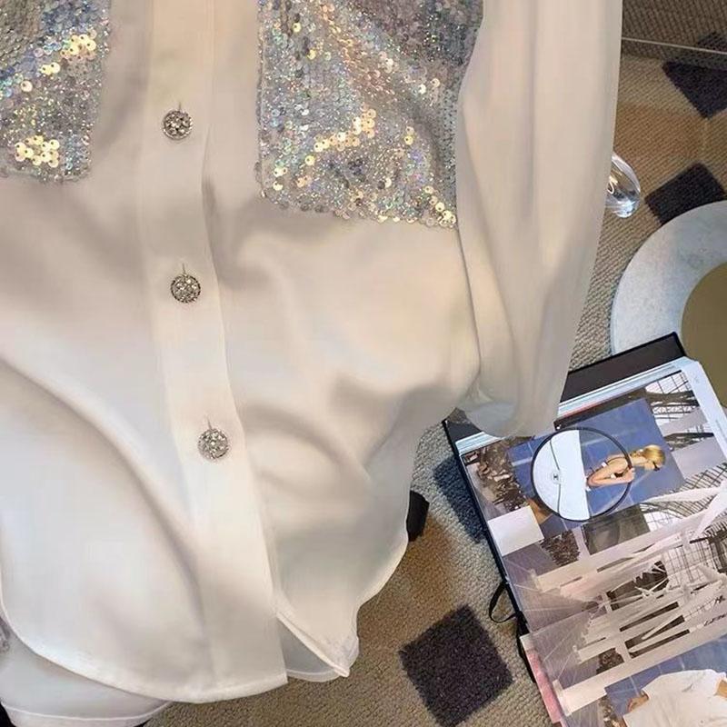 Patchwork Sequins White Women Shirt Autumn Long Sleeve Loose Blouse Casual Turn Down Collar Elegant French Style Shirt