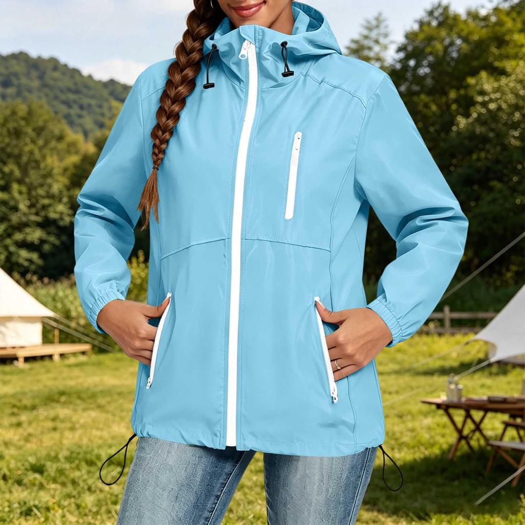 Women's Lightweight Casual Hooded Windbreaker Jacket Drawstring Waist Long Sleeve Zip Up Outerwear for Outdoor Activities