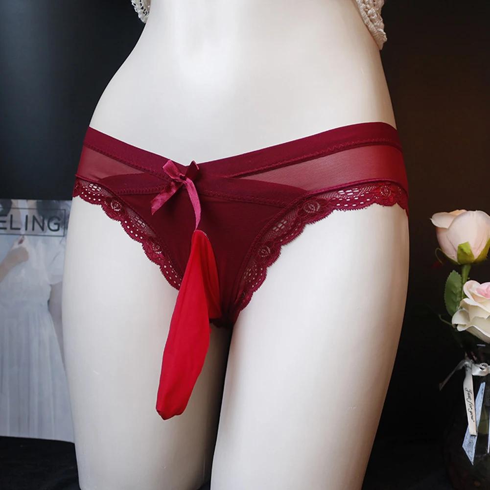 Mens Penis Pouch Closed Open Crotch Panties Sissy Lingerie Sexy Full Lace Briefs Sheer Bowknot Underwear Gays Erotic Knickers