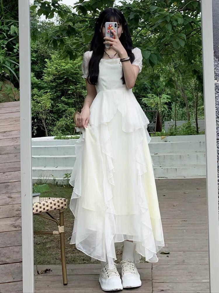 Elegant Niche Design Square Collar Puff Sleeve Dress for Women