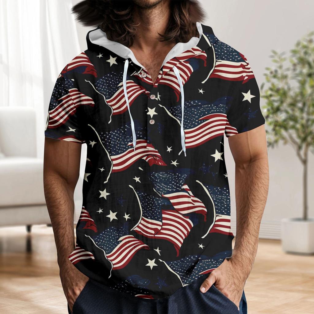 Men'S Casual Short Sleeved Hooded Top Buttoned Open Neck T-Shirt